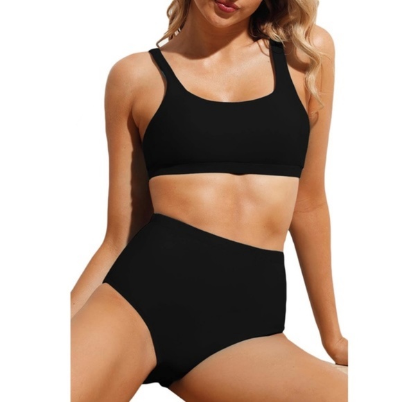 5⭐️ Solid Black Sport Bikini High Waist Swimsuit - Picture 3 of 8